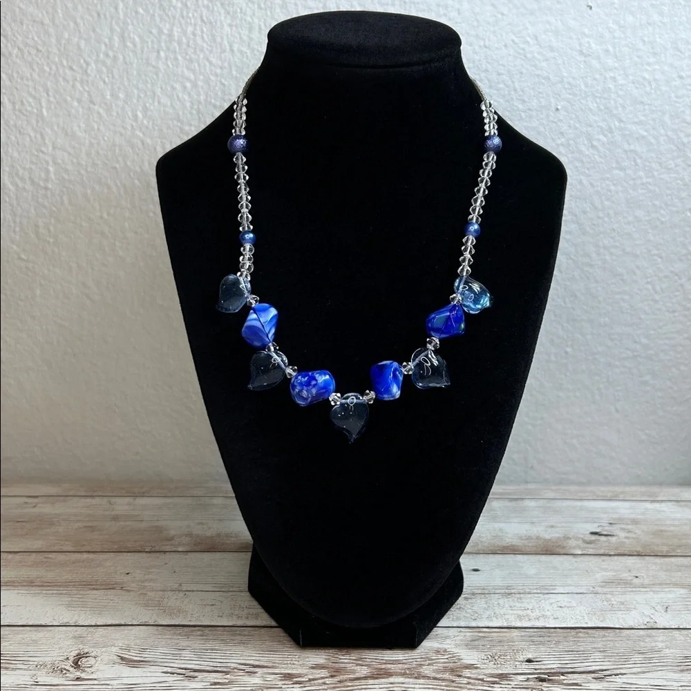 Blue Glass Hearts Beaded Necklace